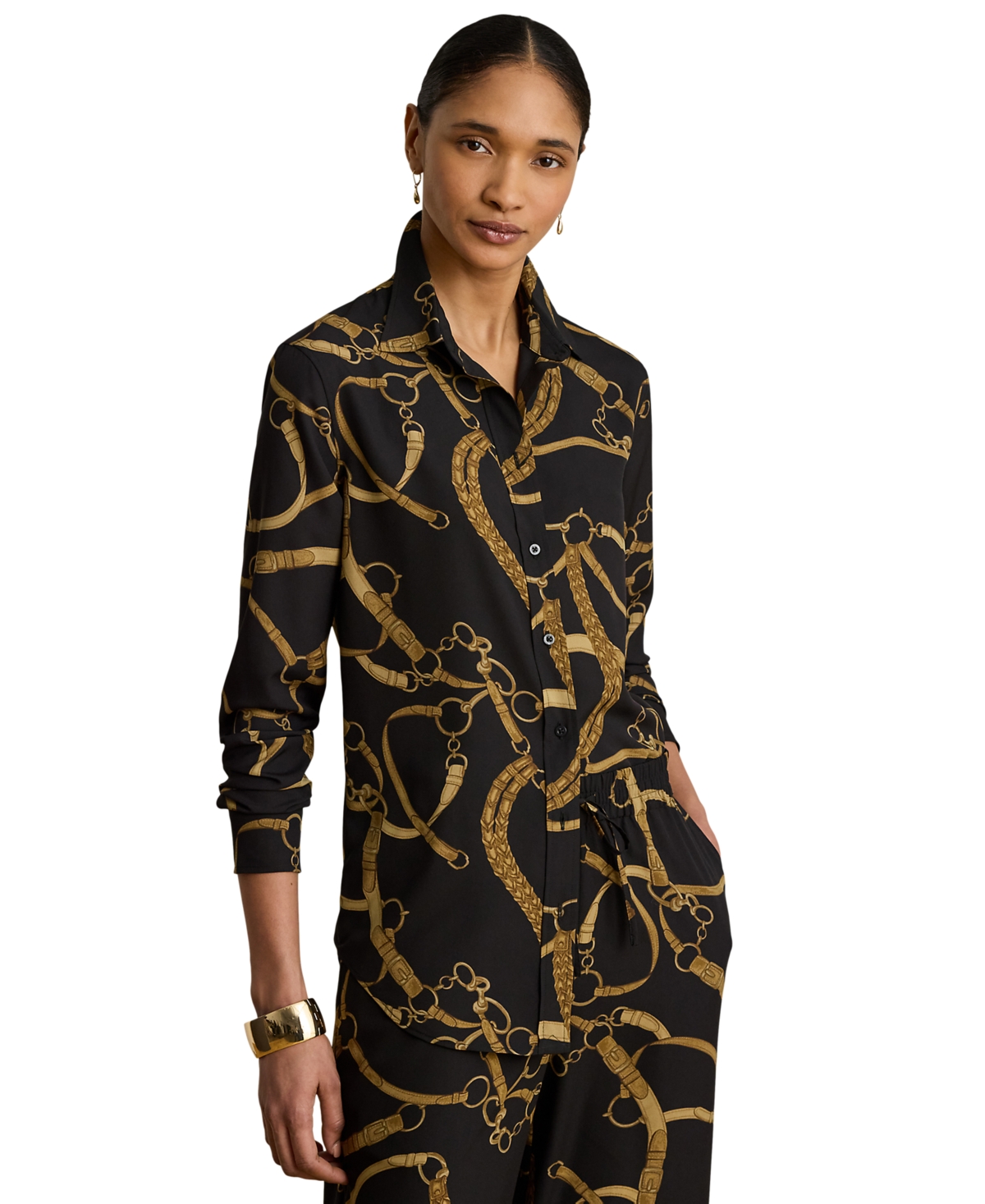Ralph Lauren Petite Classic-fit Belting-print Crepe Shirt In Black,tan