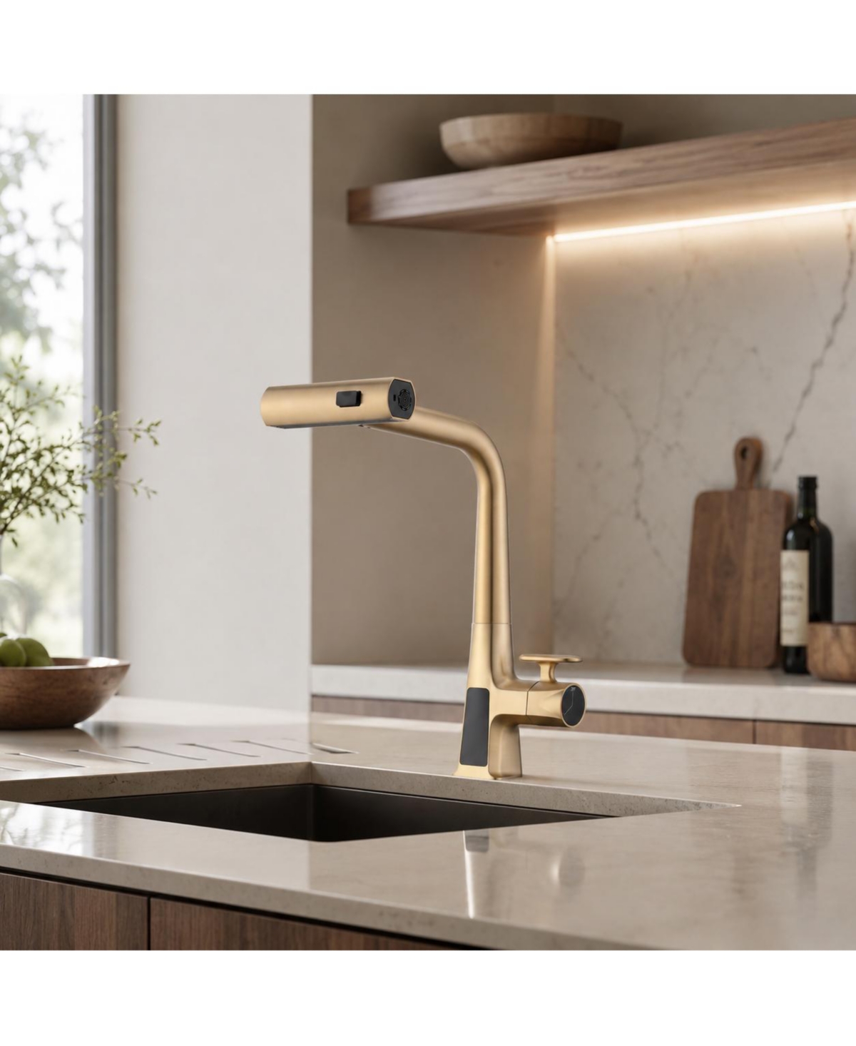 Phying Brushed Gold Waterfall Kitchen Faucet with Temperature Display Single Handle Pull Down Sprayer Faucet Three Water Outlet Modes