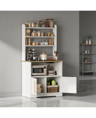 Tall 3-in-1 Bakers Rack Microwave Stand, Engineered Wood Coffee Bar with Charging Station and Multi-Storage, Easy Assembly