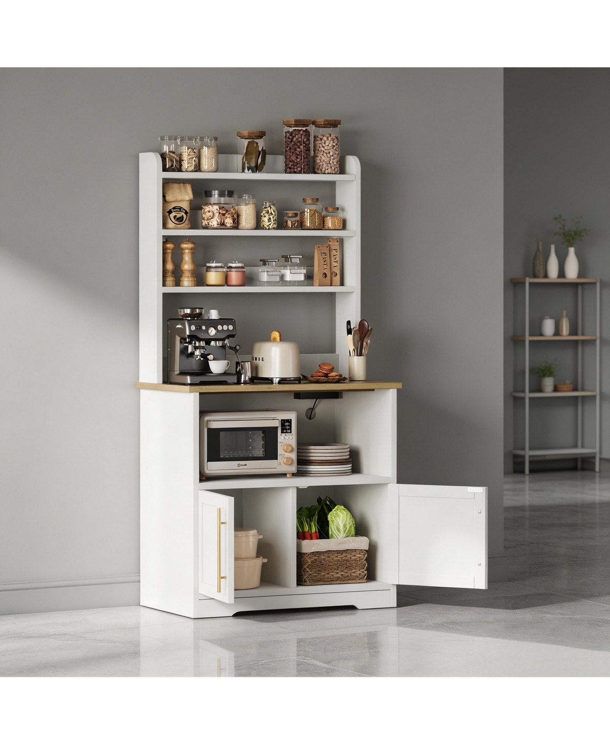homfan Tall 3-in-1 Bakers Rack Microwave Stand, Engineered Wood Coffee Bar with Charging Station and Multi-Storage, Easy Assembly - Natural