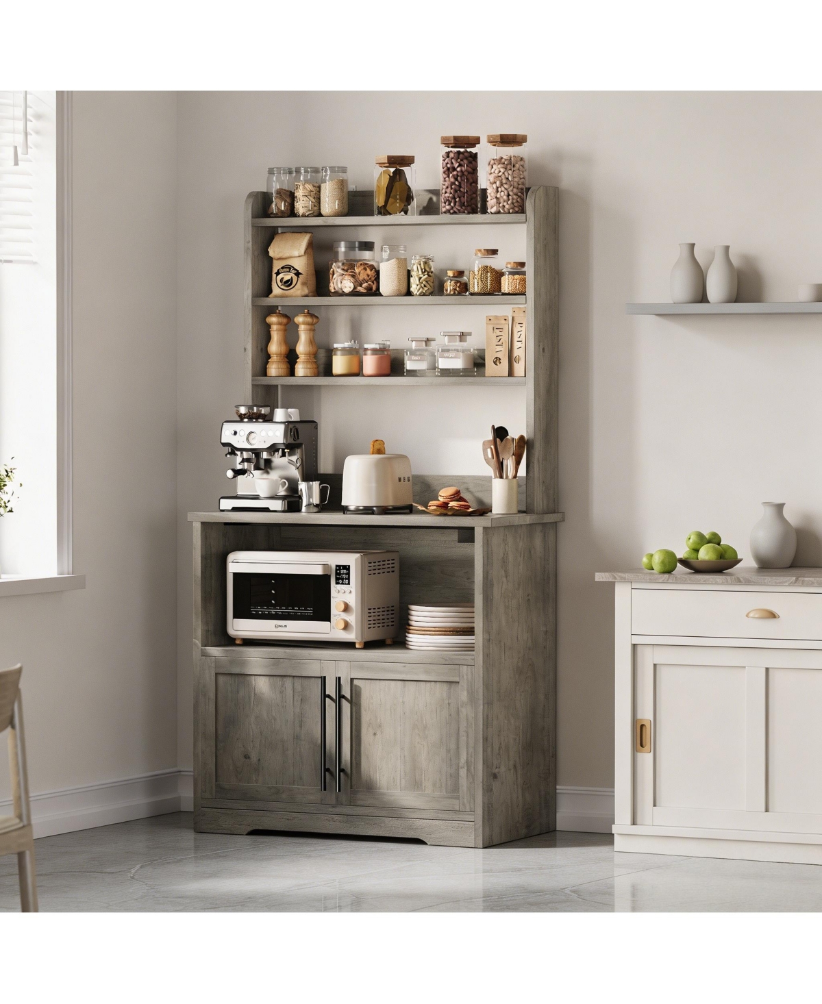 homfan Tall 3-in-1 Bakers Rack Microwave Stand, Engineered Wood Coffee Bar with Charging Station and Multi-Storage, Easy Assembly - Grey