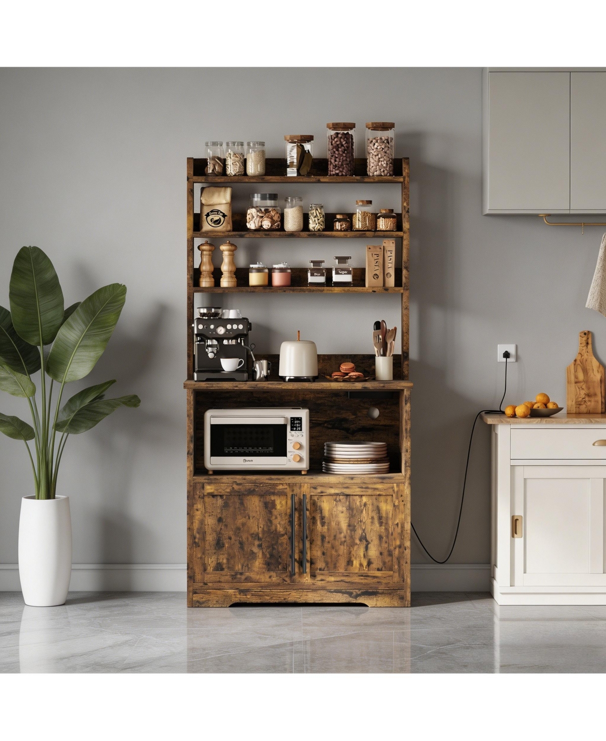 homfan Tall 3-in-1 Bakers Rack Microwave Stand, Engineered Wood Coffee Bar with Charging Station and Multi-Storage, Easy Assembly - Brown