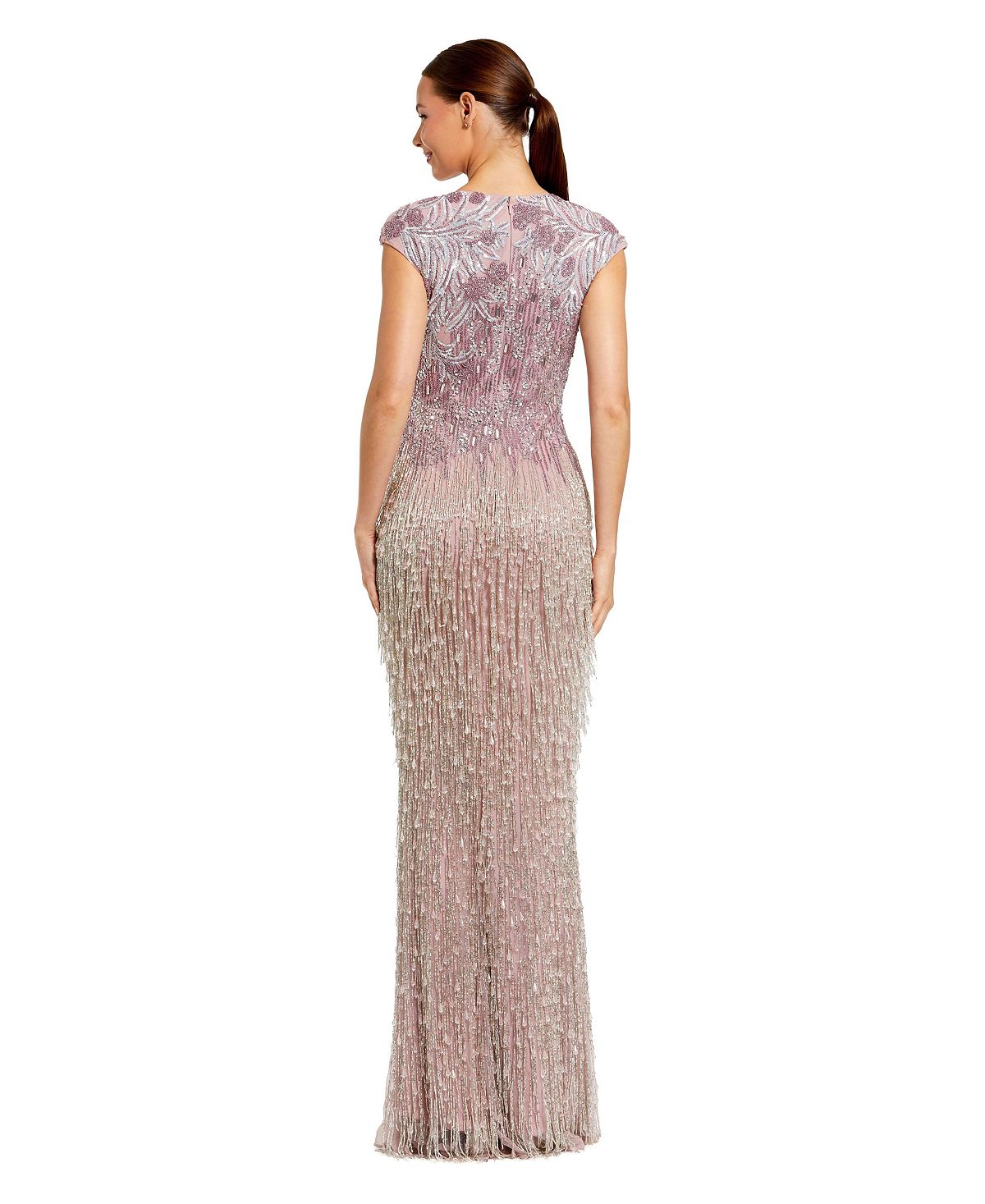 Mac Duggal Women's Fringe Beaded Mesh Short Sleeve Evening Gown view 2 — MAYCSS fashion products