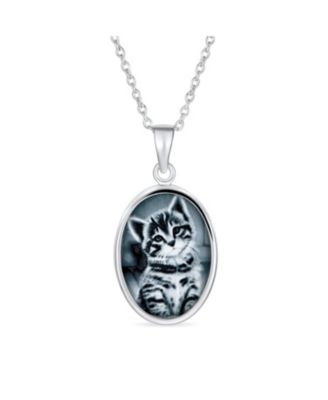Cat Cameo Pendant Necklace Kitten Portrait Black CZ Two Tone .925 Sterling Silver