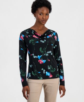 Petite Floral-Print Cowl Neck Top