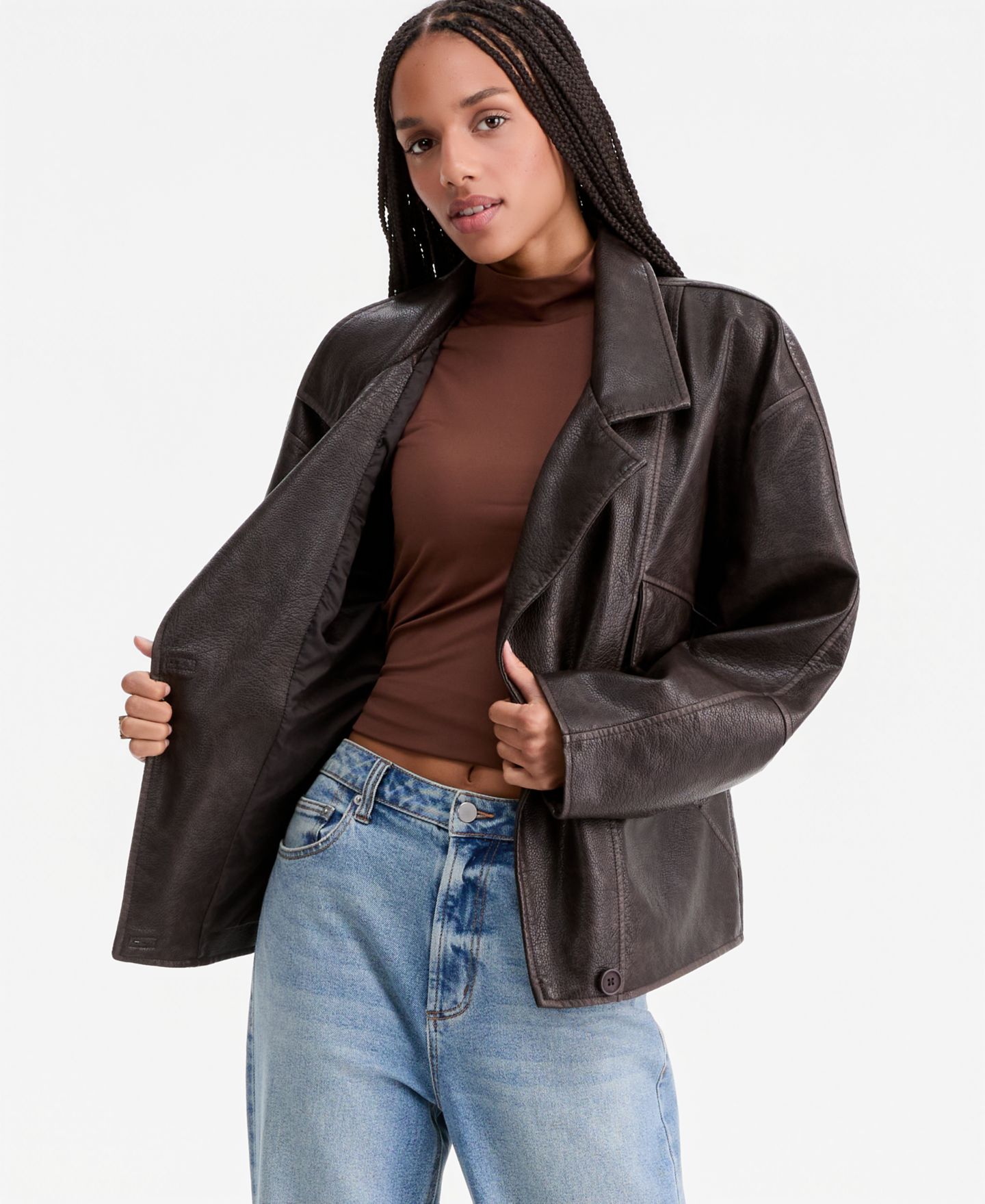 Женское пальто CoffeeShop Asymmetric-Button-Front Faux-Leather, цвет: Потёртый тёмный коричневый — фото 5