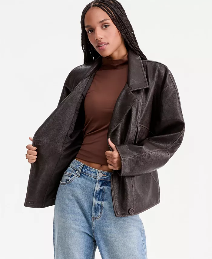 Women's Asymmetric-Button-Front Faux-Leather Coat - thumbnail 5