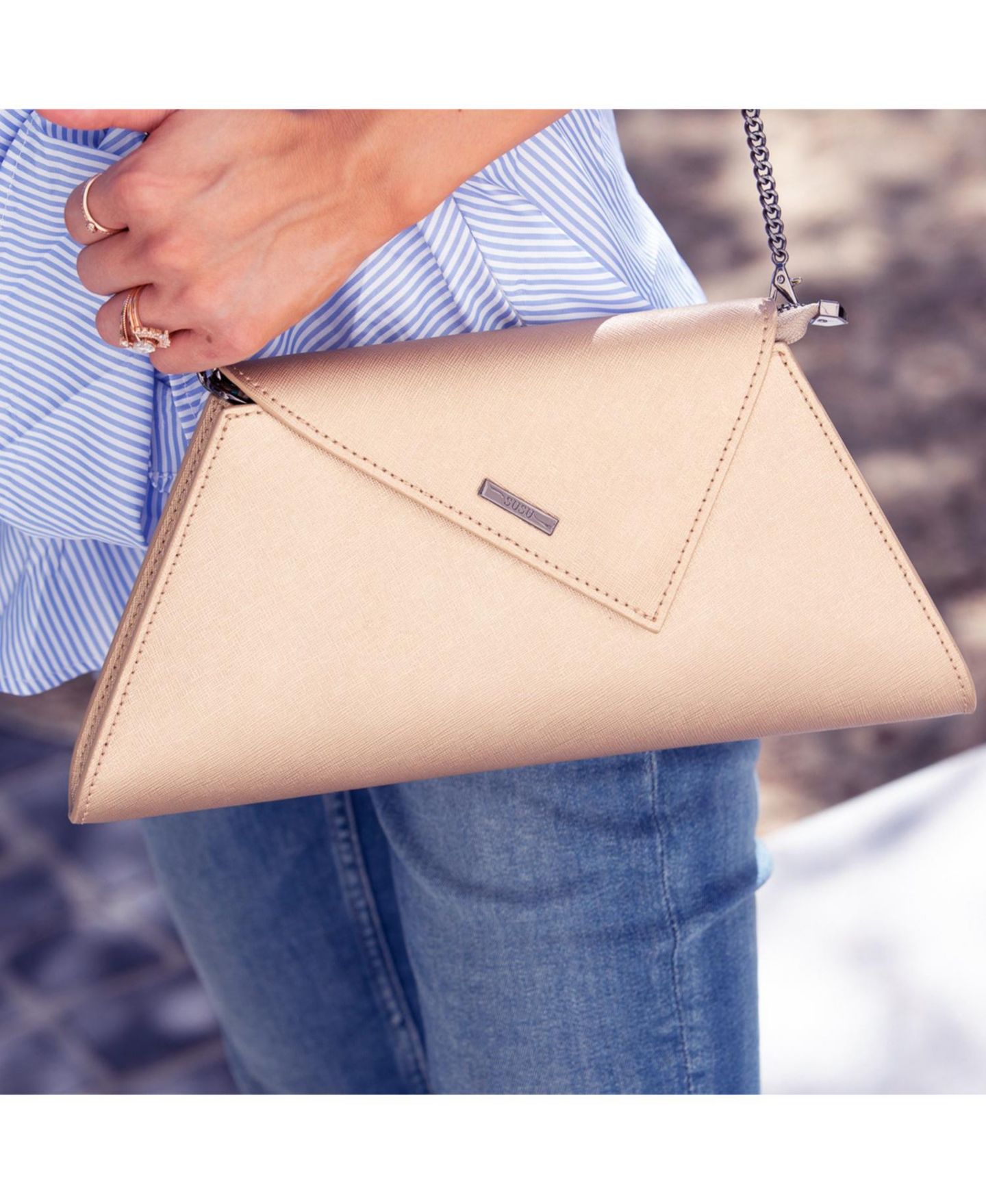 Женский клатч SUSU Metallic Envelope Clutch Saffiano Leather Evening Bag for Women Party Wedding Crossbody with Chain Strap, цвет: Золотой / Металлик золотой — фото 2
