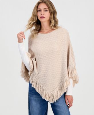 Juniors' Fringed Poncho Sweater