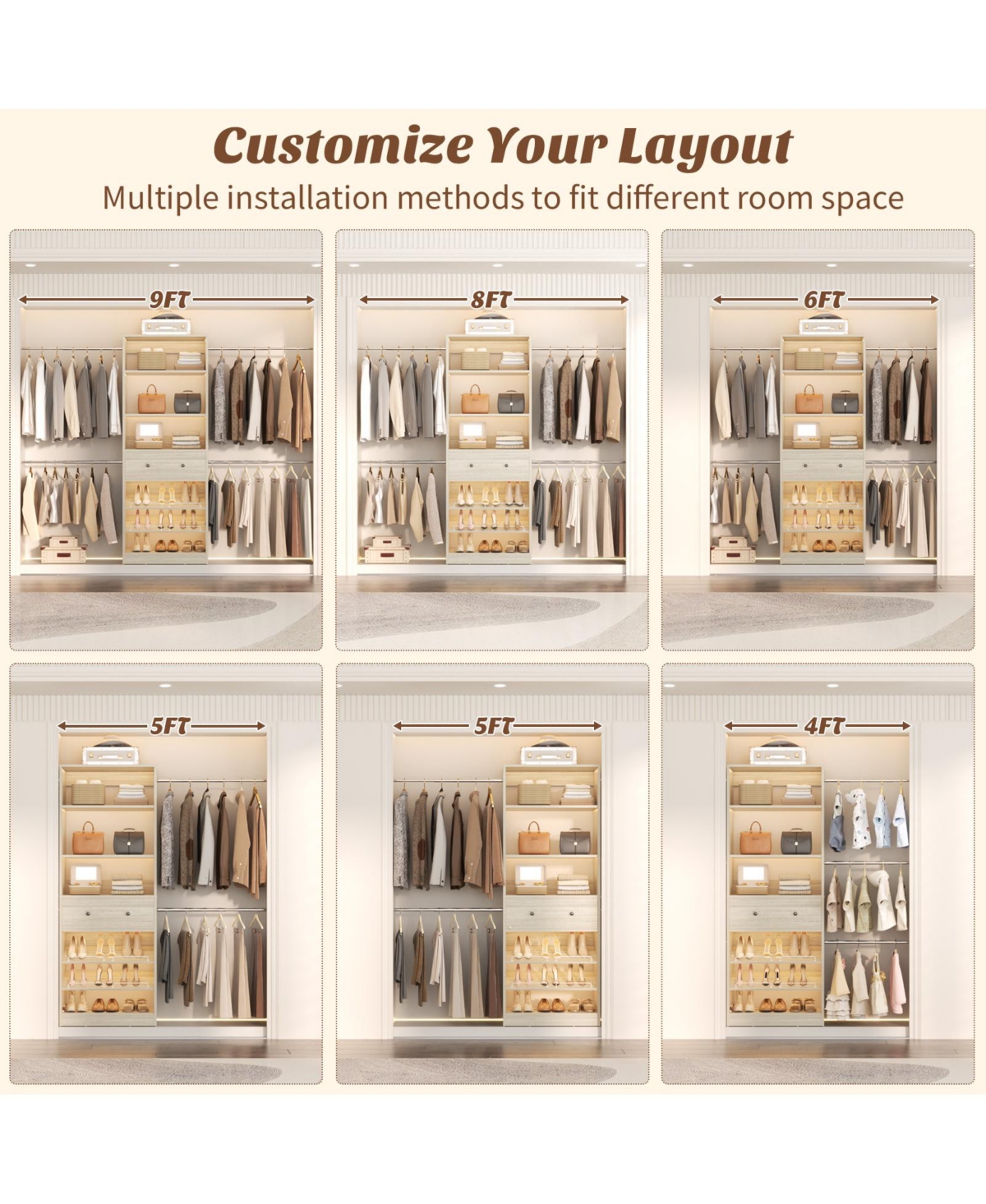 Aheaplus Wood Closet Organizer System with Drawer and 4 Hanging Rods, Heavy Duty Walk-in