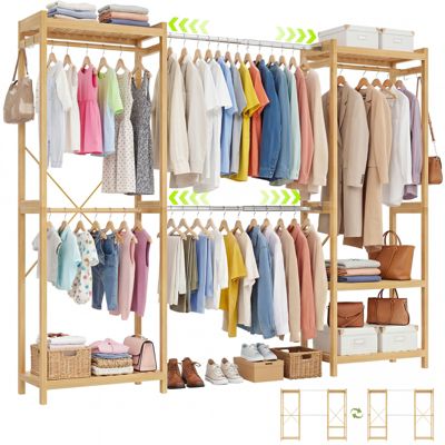 Bamboo Closet System with 5 Hanger Rods and Shelves, Expandable Clothing Rack