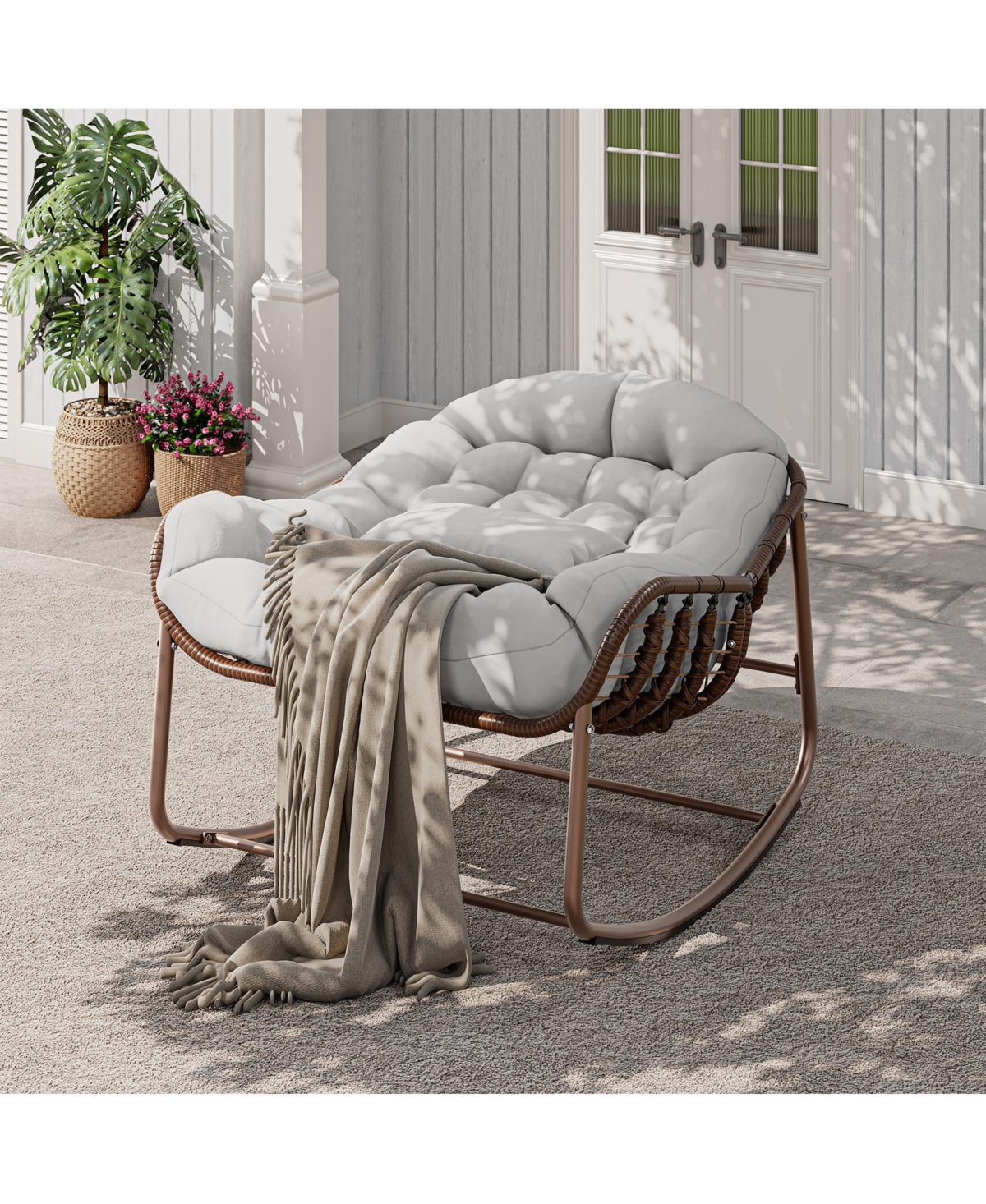gaomon Outdoor Oversized Wicker Lounge Chair, Papasan Rocking Chair for Balcony Backyard Porch Bedroom
