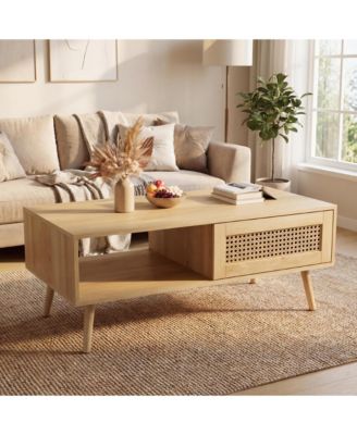 Rattan Coffee Table with Storage, Farmhouse Boho Center Sofa Table with Sliding Door and Open Shelf for Living Room, Bedroom