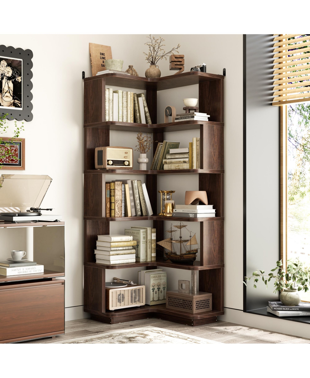 Aheaplus 5-Tier Corner Bookshelf, Space-saving Bookcase Display Storage Shelf