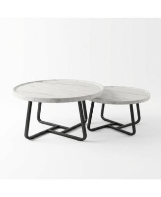Modern Coffee Table Set of 2, Wrought Iron Small Round Tables, 80cm+60cm White Combo for Living Room or Office