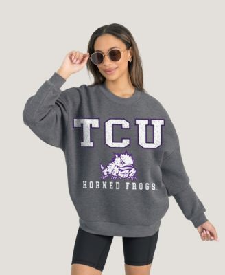 Women's Heather Charcoal TCU Horned Frogs Oversized Distressed Fleece Pullover Sweatshirt