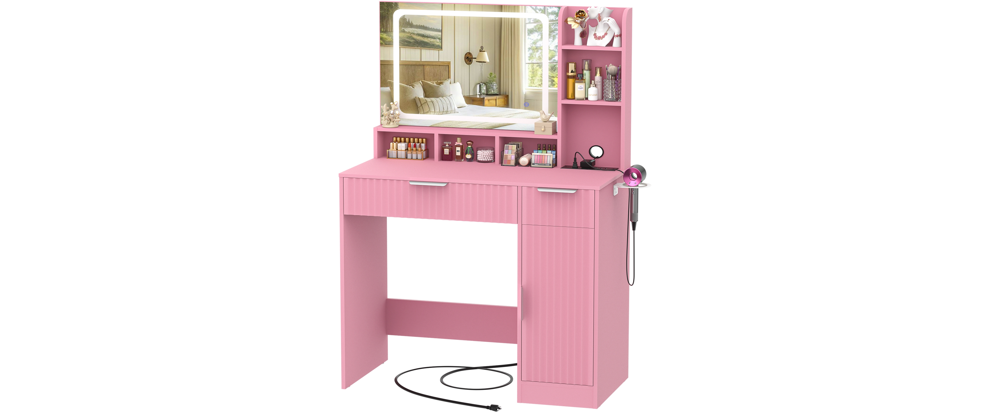 Aheaplus Vanity Desk with Mirror and 3 Color Lights, Makeup Drawers
