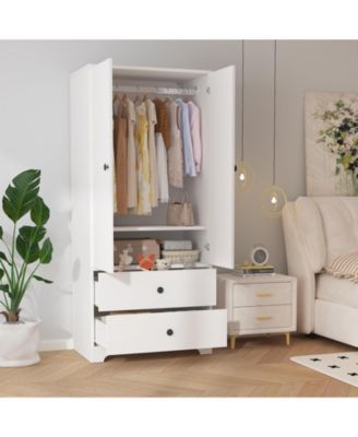 71 Inch Wood Armoire Wardrobe Closet, 2 Doors, 1 Adjustable Shelf, 2 Drawers, Hanging Rod, for Bedroom