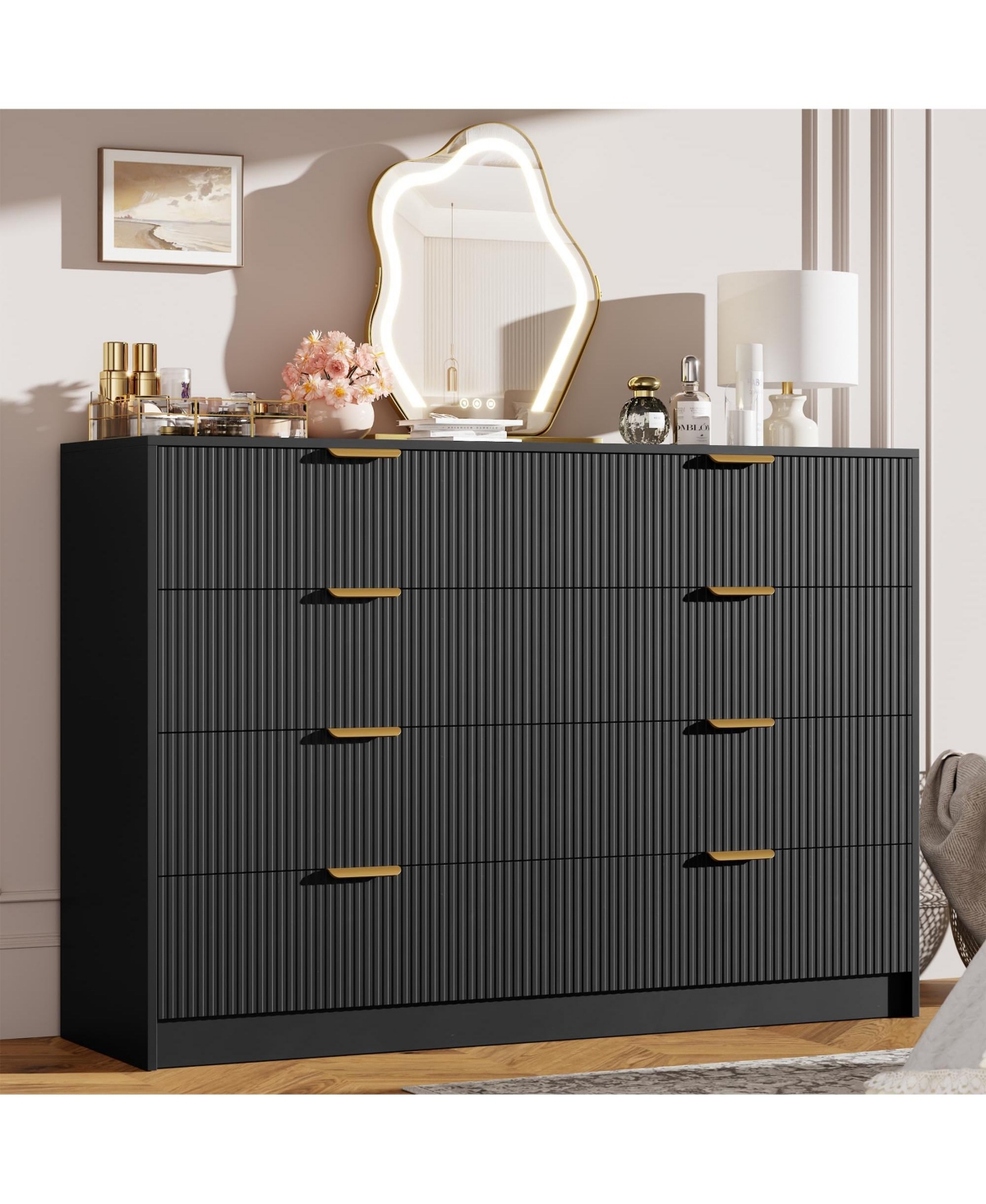homfan Modern 8-Drawer Fluted Dresser, 54" Wide Chest with Metal Handles, Multifunctional Storage for Bedroom Living Room