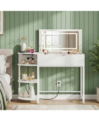 Flip-Top Makeup Dressing Table with mirror and Drawer, Small Vanity Desk with Charging Station