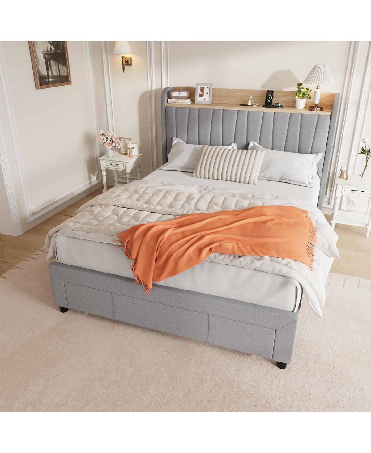 homfan Upholstered Bed Frame with Storage Headboard, Charging Station, Underbed Drawers, Wood Slat Support, No Box Spring Needed