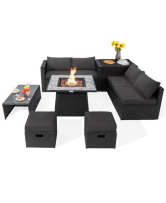 9 Piece Outdoor Wicker Sectional Conversation Set with 35 in 50000 BTU Gas Fire Pit Table