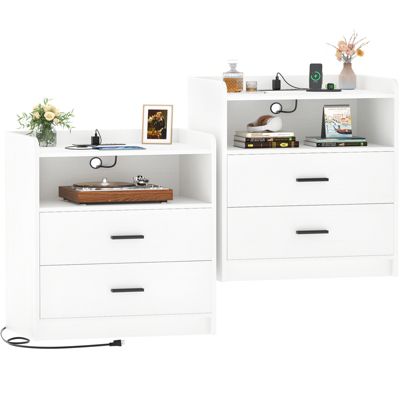Nightstand with Charging Station, Sofa Side Table with Drawers