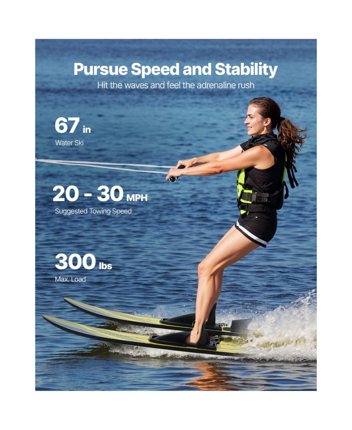 Hikeen Water Skis Adult Water Ski with Adjustable Horseshoe Bindings and Padded Rear Toe Plate High gloss Uv Coating Waterskis