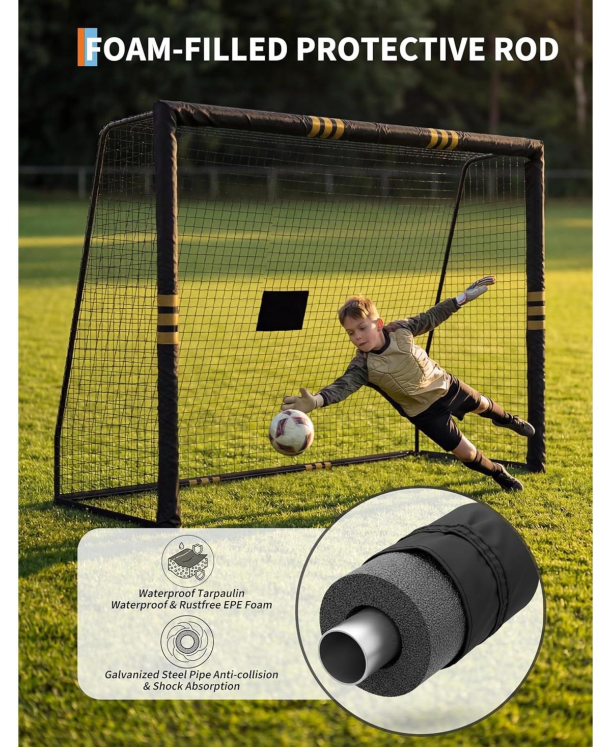 Xo 8FT Soccer Goal, Metal Frame with Foam Padded Posts, Weatherproof Net, Easy Assembly Backyard Training Goal
