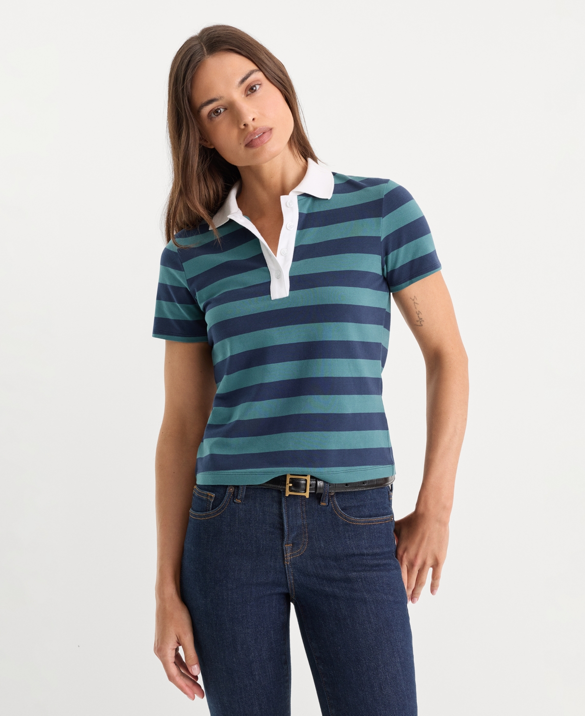 Good American Women's Short-sleeve Polo Shirt, Created For Macy's In Summer Stripe Teal