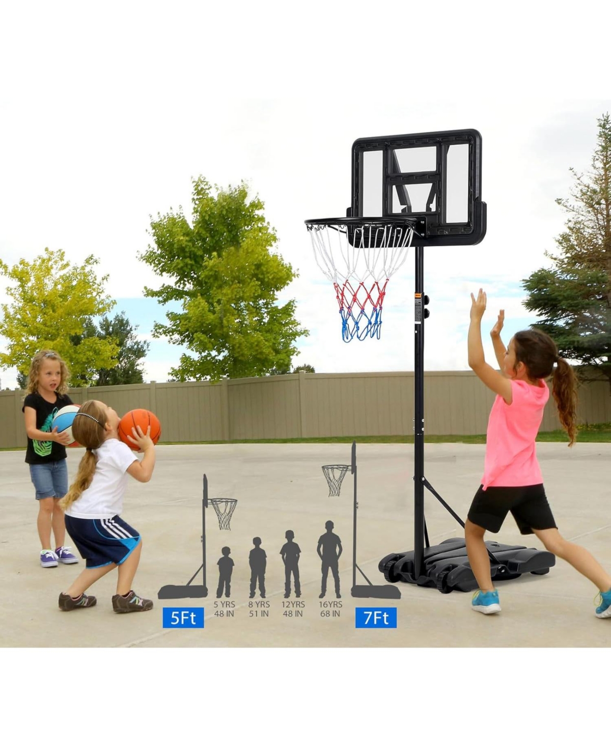 Xo 5-7FT Adjustable Kids Basketball Hoop, 28" Backboard with Wheels Base for Backyard Driveway Indoor Play