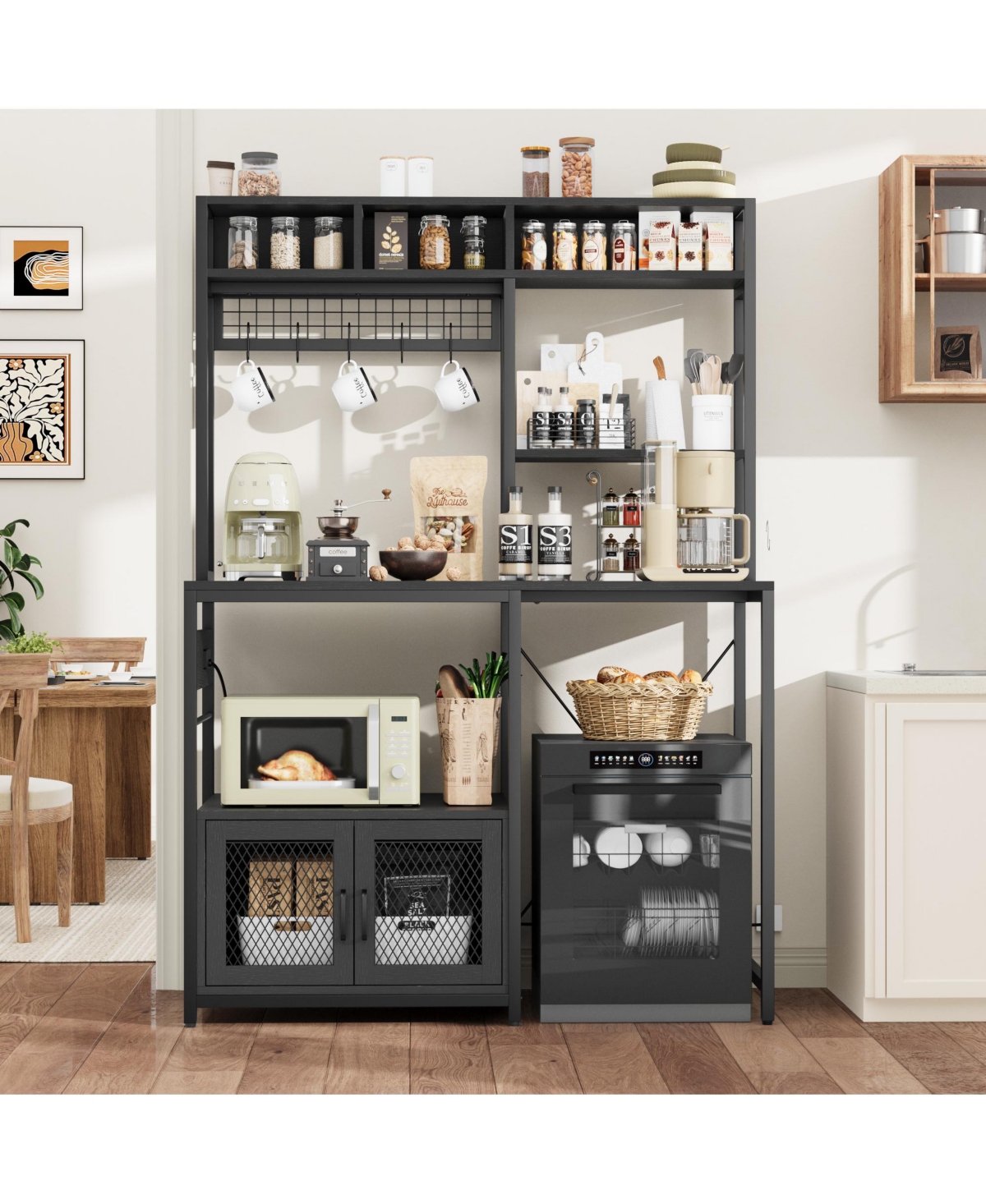 gaomon Industrial Kitchen Bakers Rack with Power Outlet – Microwave Stand Refrigerator Storage Space, Freestanding Shelf for Pantry Living Room