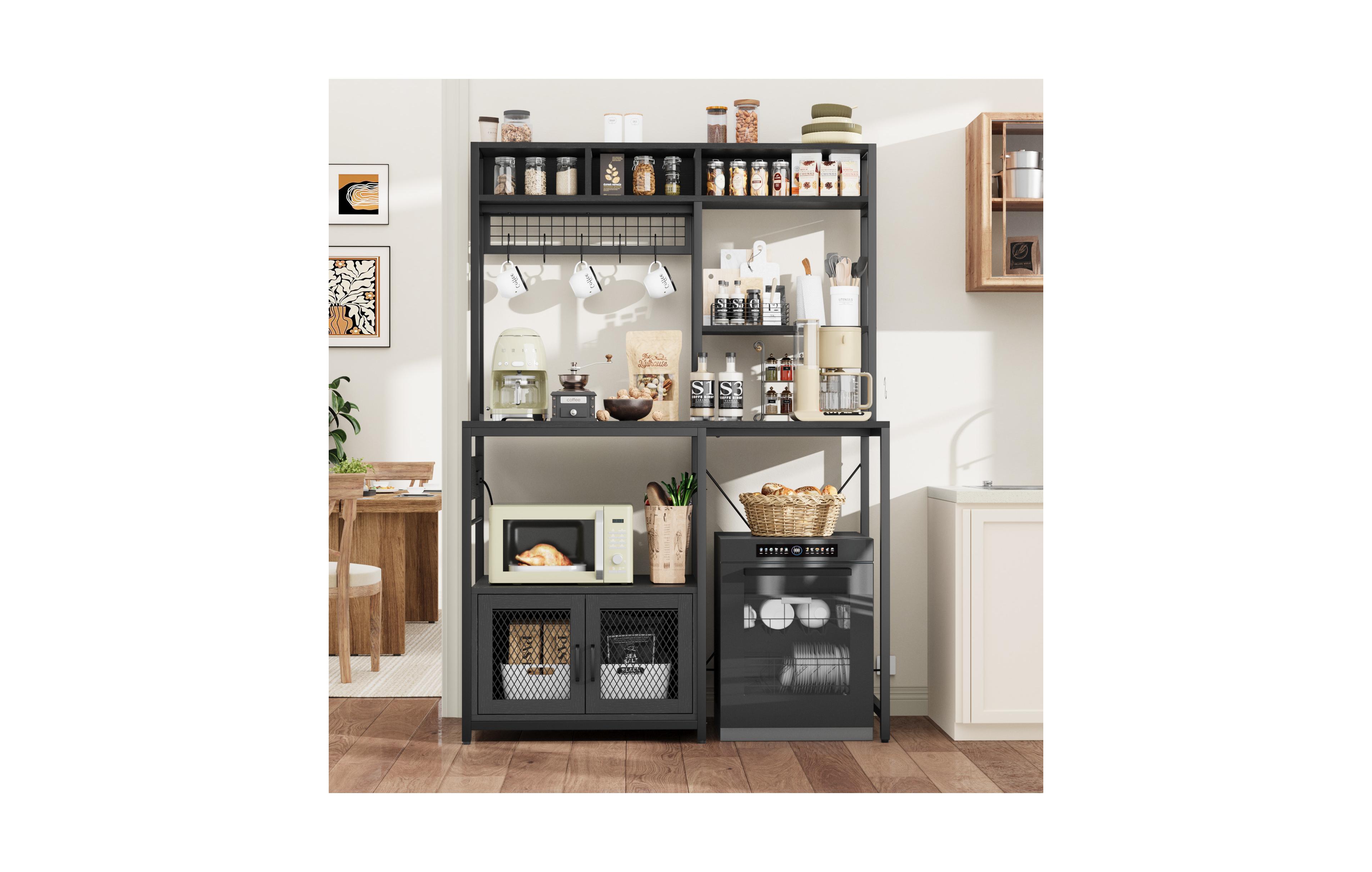 gaomon Industrial Kitchen Bakers Rack with Power Outlet – Microwave Stand Refrigerator Storage Space, Freestanding Shelf for Pantry Living Room