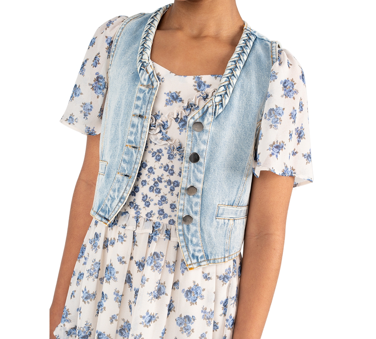 Rare Editions Girls' 2T-6X Denim Vest and Twin Printed Chiffon Dress, 2-Piece Set