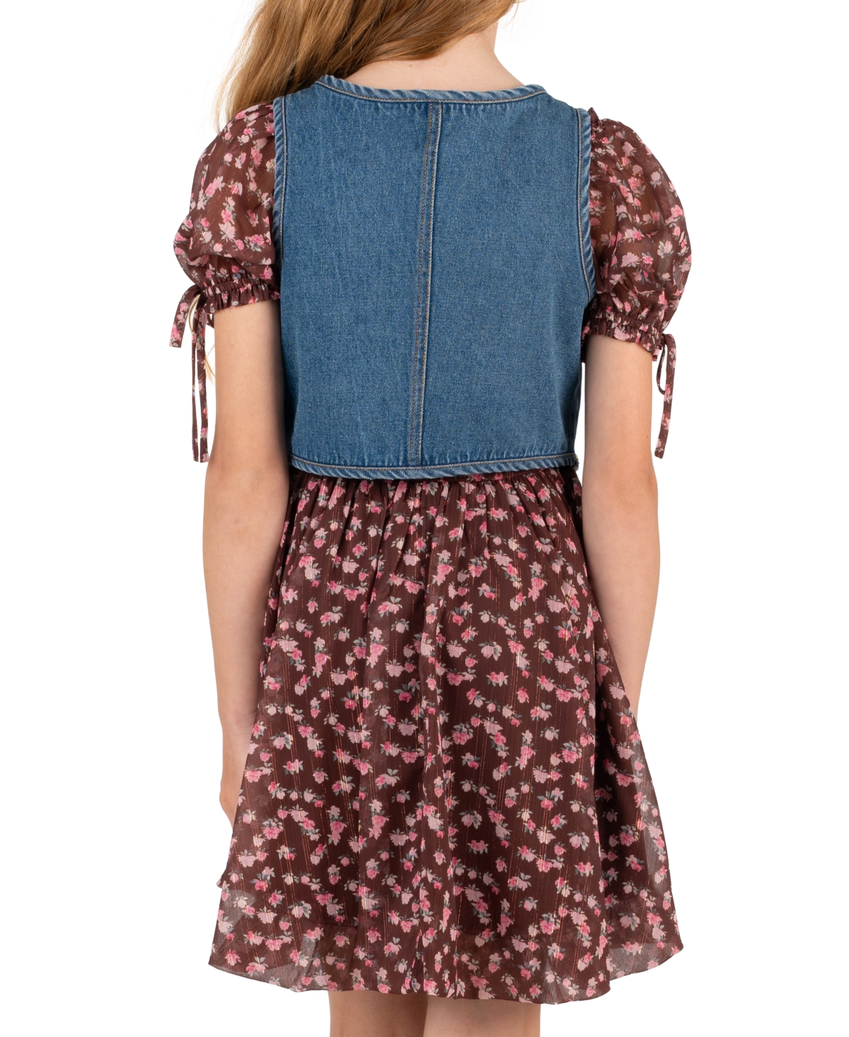 Rare Editions Girls' 7-16 Vest and Printed Puff Sleeves Smocked Dress, 2-Piece Set