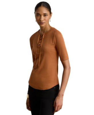 	Petite Crewneck Lace-Up Ribbed Elbow-Sleeve T-Shirt