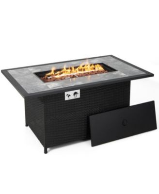 52 Inch Rattan Wicker Propane Fire Pit Table with Rain Cover and Lava Rock