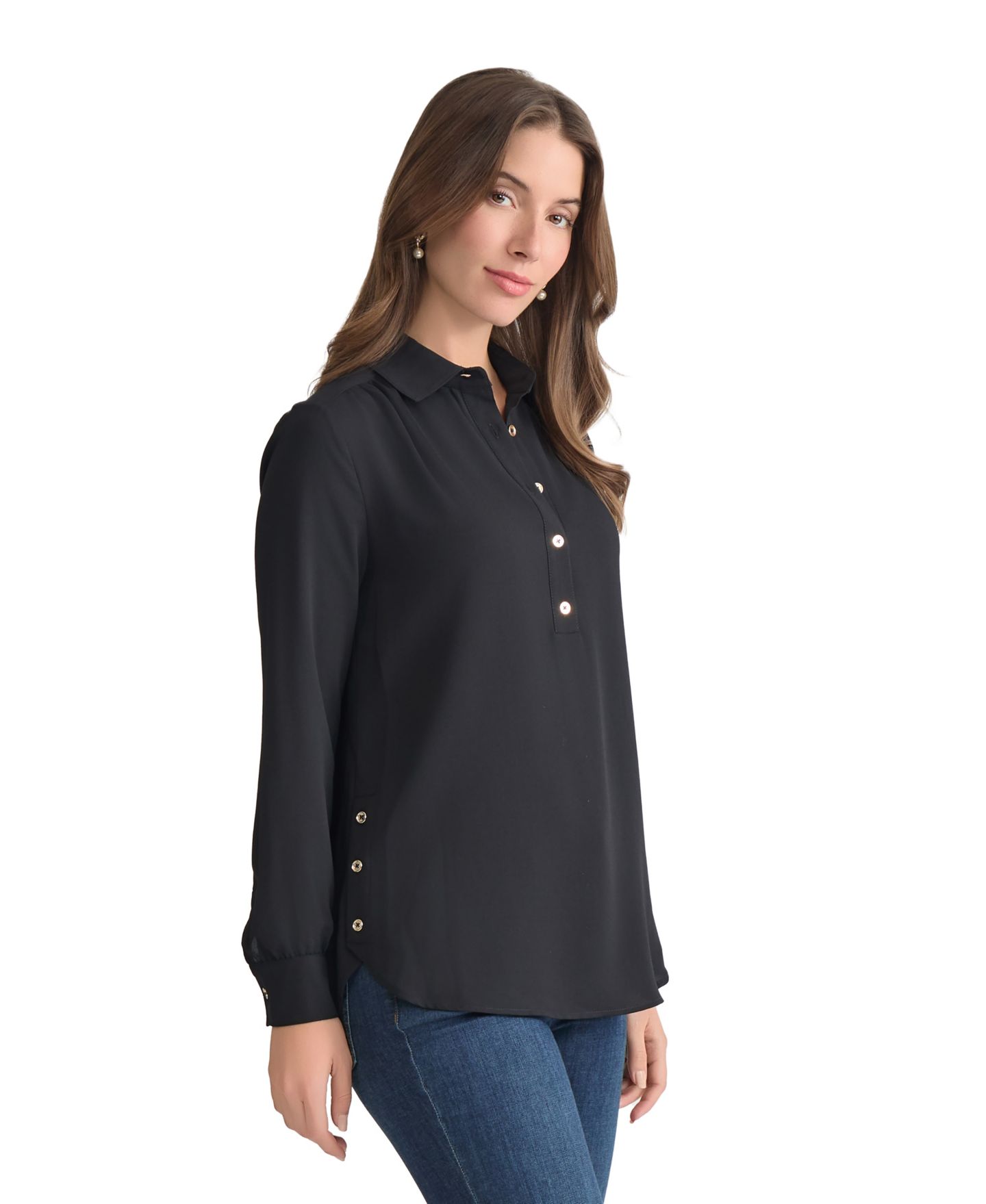 Женский топ Jones New York Long Sleeve Shirttail Side Button Popover Tunic, цвет: Чёрный — фото 3