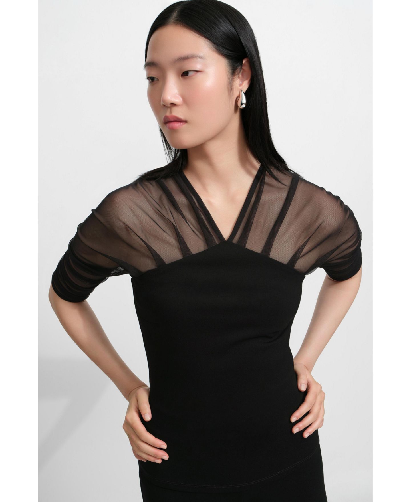 Женский топ Marcella Reva Sheer Mesh-Sleeve Evening Top, цвет: Чёрный — фото 7
