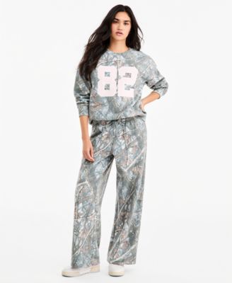 Juniors' Fleece Wide Leg Camo Pants
