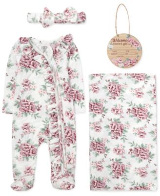 Baby Girls' Floral Print Coverall, Blanket, Headband and Wood Sign, 4-Piece Set