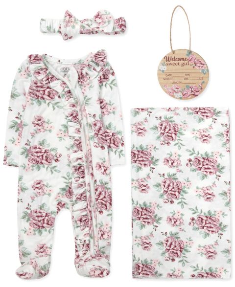 Детский набор Baby Essentials Floral: комбинезон, одеяло, повязка и табличка, цвет: Розовый