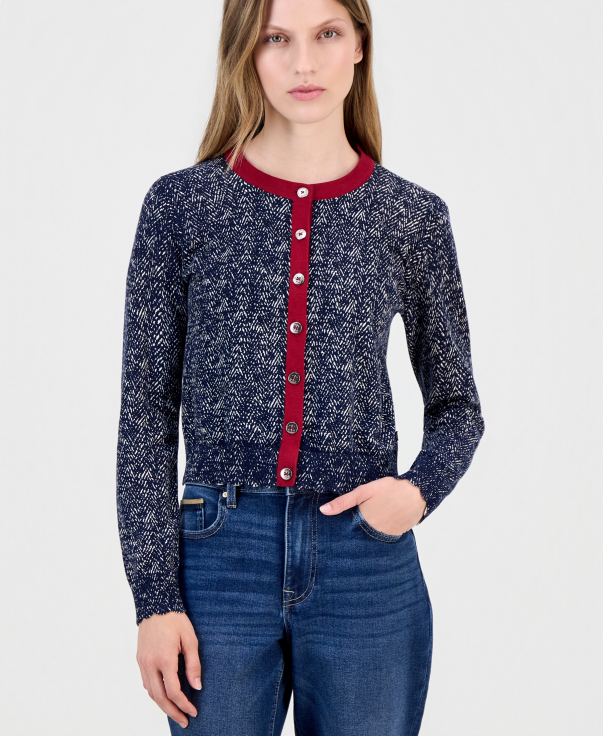 Nautica Women's Cotton Herringbone Cardigan Sweater