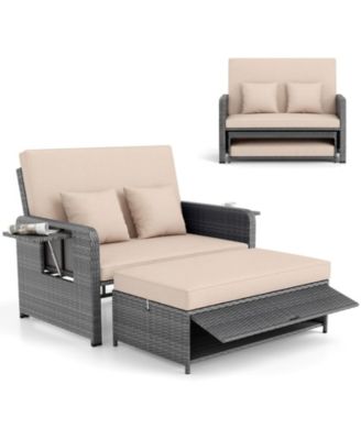 Rattan Daybed Loveseat Sofa Set with Ottoman and Retractable Side Tray, Patio Furniture