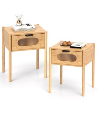 2PCS Bamboo Nightstand Farmhouse Bedside Table w/ Tempered Glass Decorated Drawer
