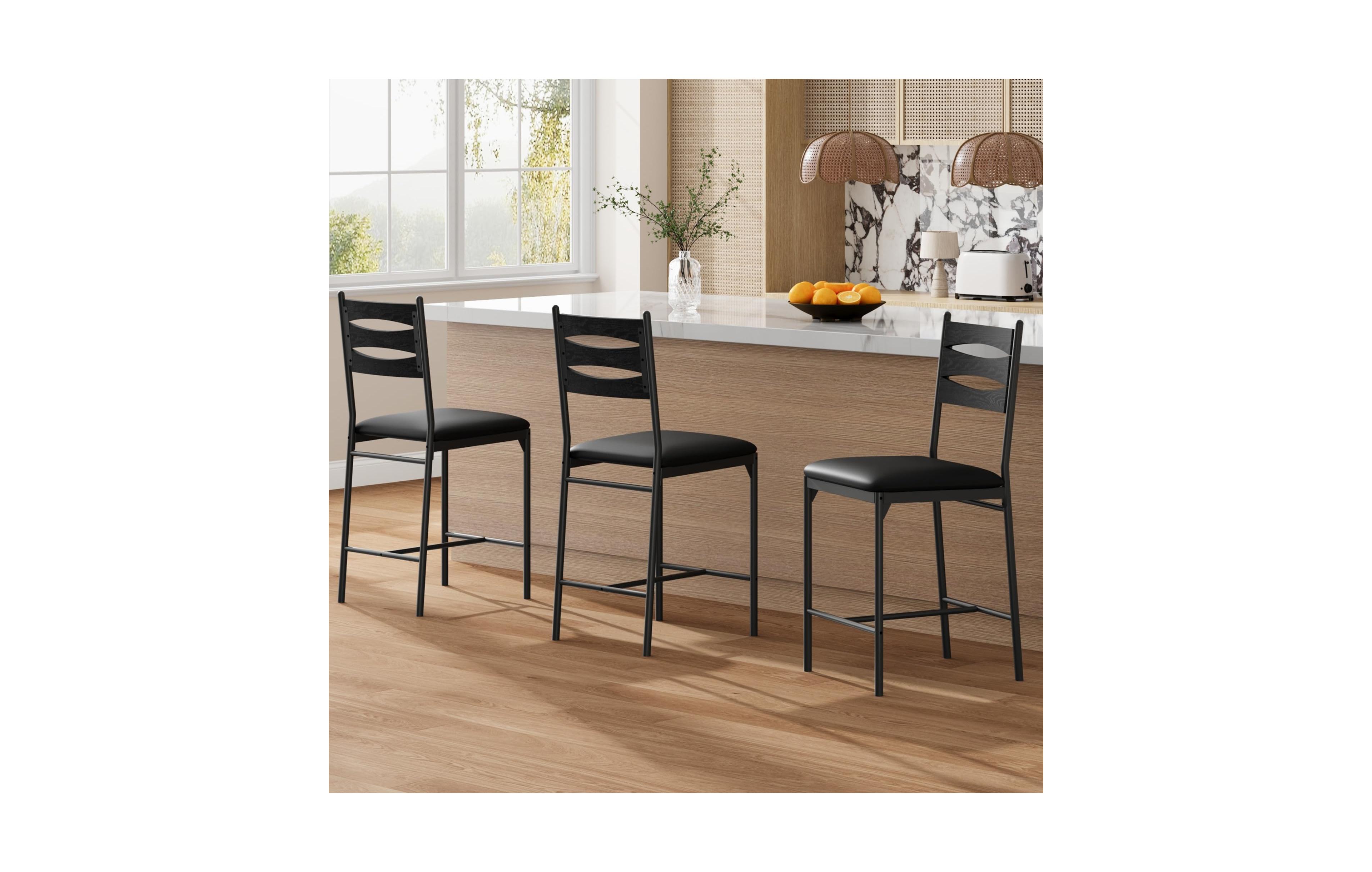 homfan Set of 2 Modern Counter Height Bar Stools, Wood Chairs with Faux Leather Upholstery, High Back, Cushions & Footrest for Indoor Use