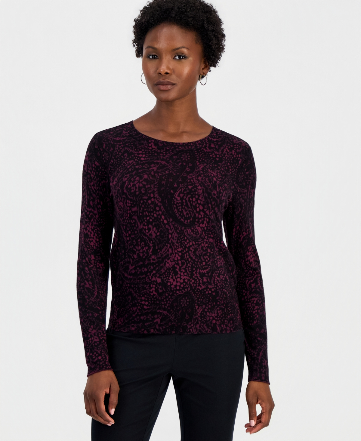 I.n.c. International Concepts Petite Paisley Long-Sleeve Crewneck Sweater, Macy's Exclusive