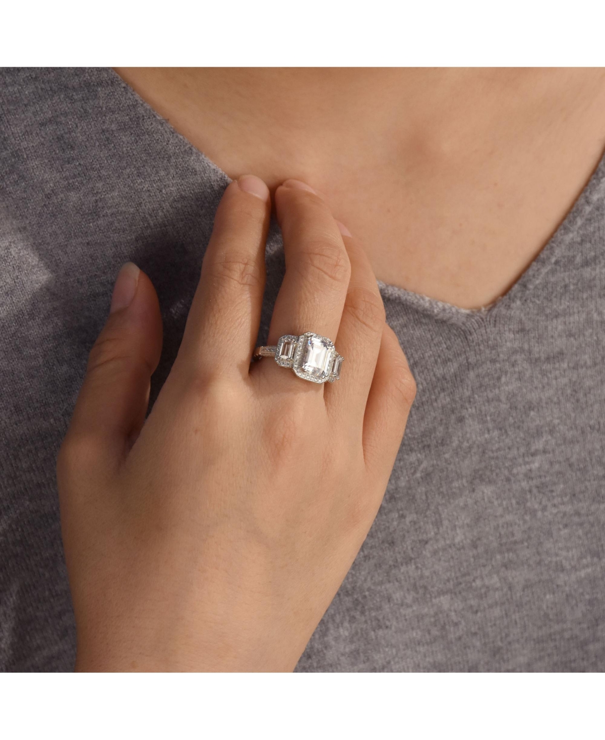 Bling Jewelry Art Deco Style Statement Engagement Ring 3CT Cz Cubic Zirconia Emerald Cut Baguette Sterling Silver
