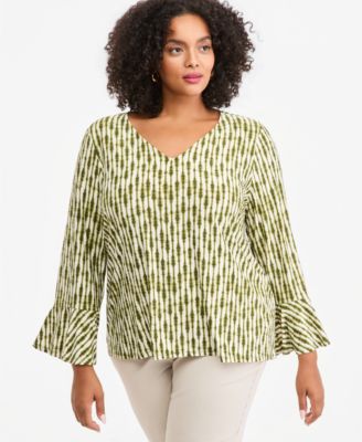Plus Size Texture Stripe 3/4-Sleeve Flounce Top, Macy's Exclusive