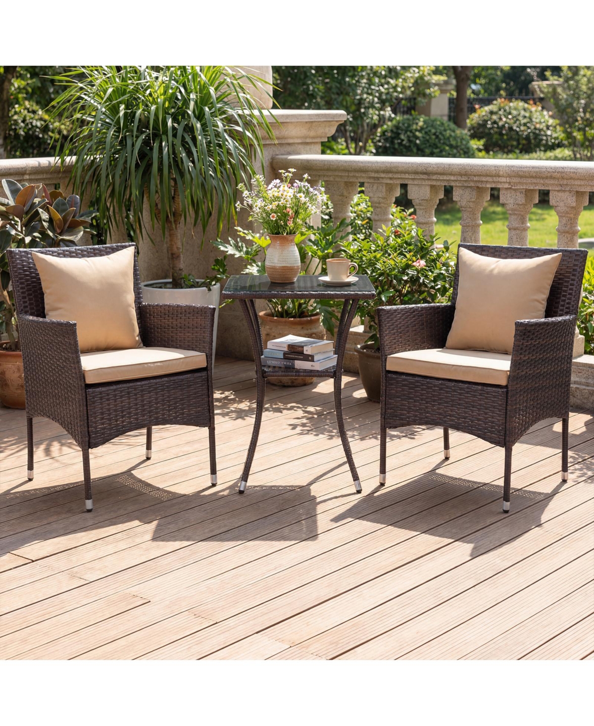 3 Pcs Patio Furniture Set witn Cushioned Chairs & Tempered Glass Coffee Table
